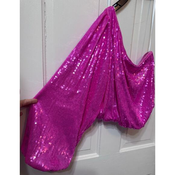 NWT Show Me Your Mu Mu Pink Sequin One Shoulder Glam Top Size S - Picture 4 of 8